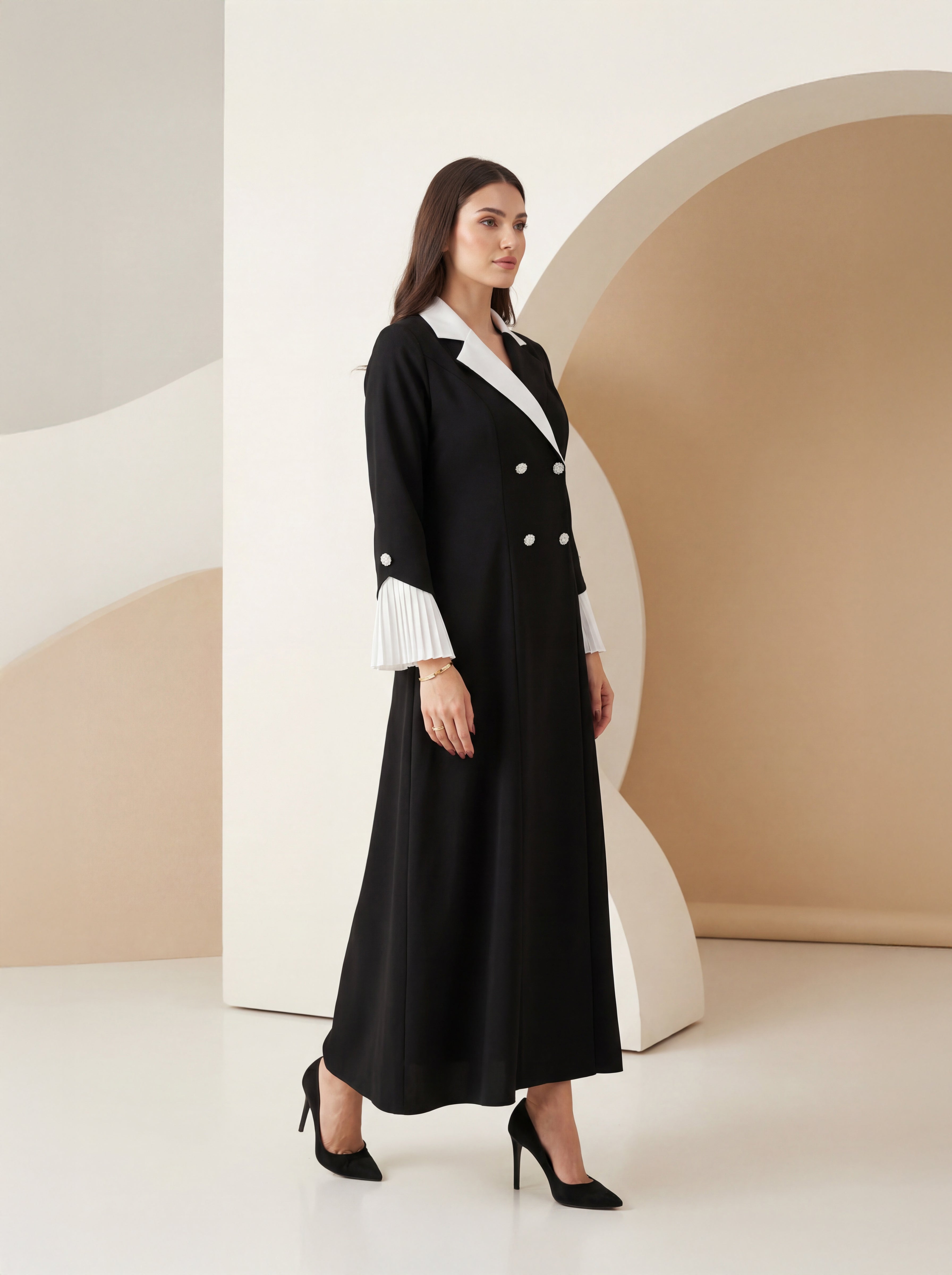 Black Tailored Midi Dress – Contrast Collar Edition