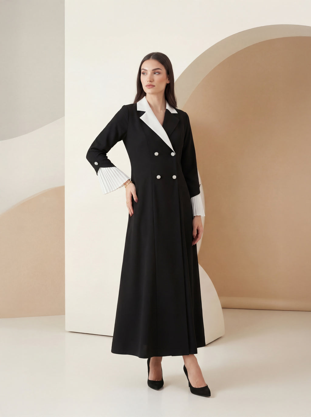 Black Tailored Midi Dress – Contrast Collar Edition