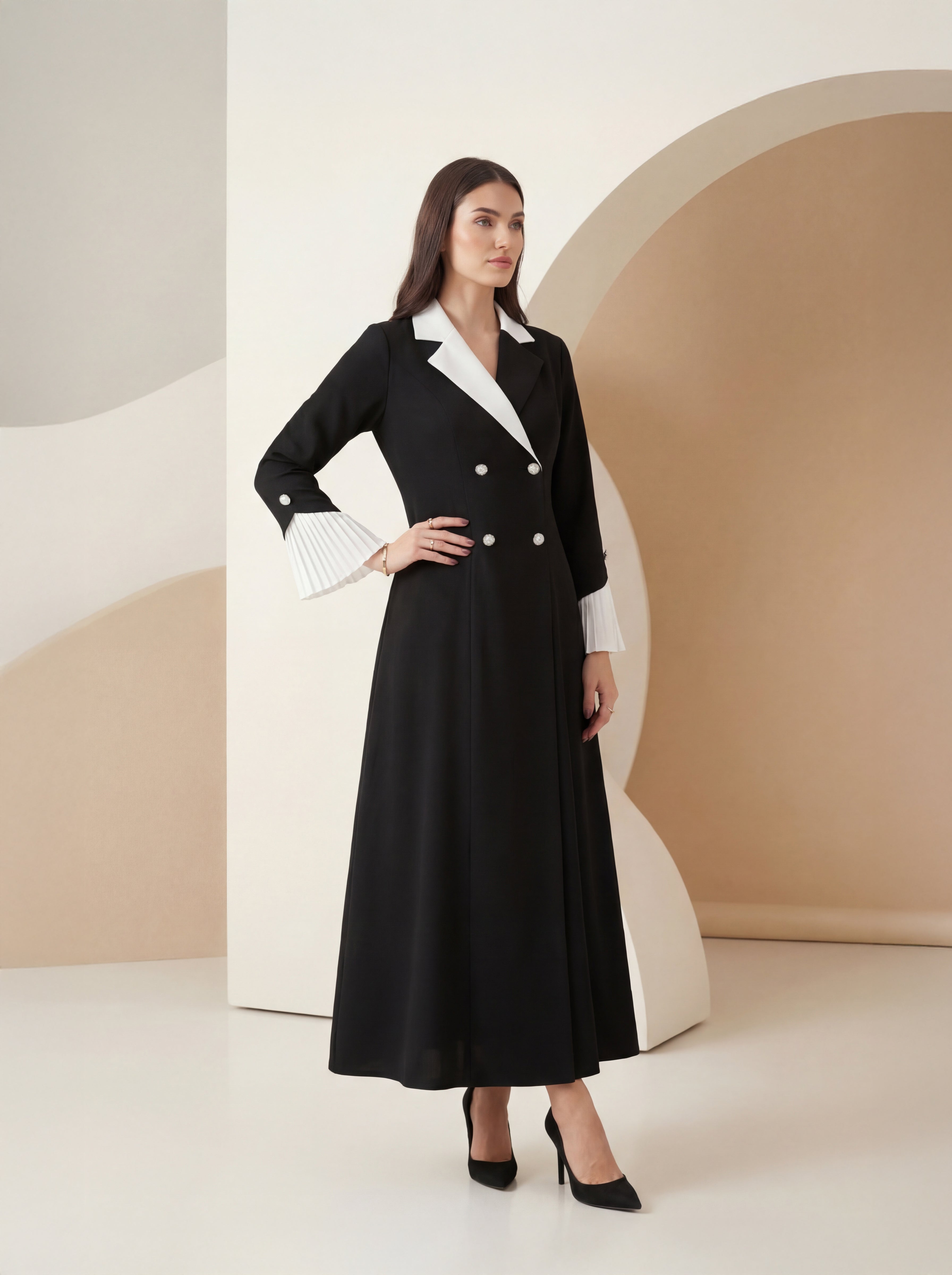 Black Tailored Midi Dress – Contrast Collar Edition
