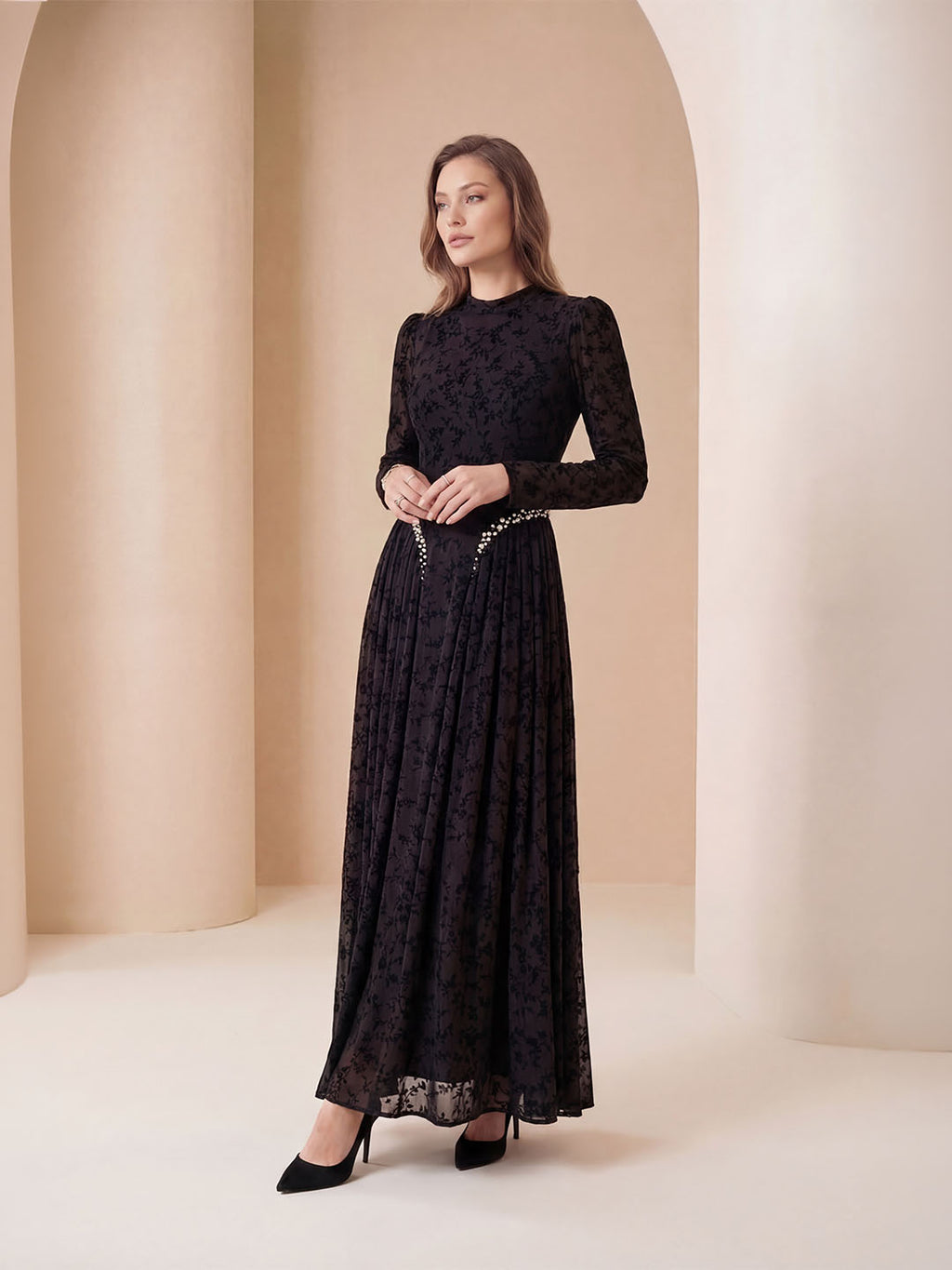 Black Lace Maxi Dress – Elegant Pearl Detail