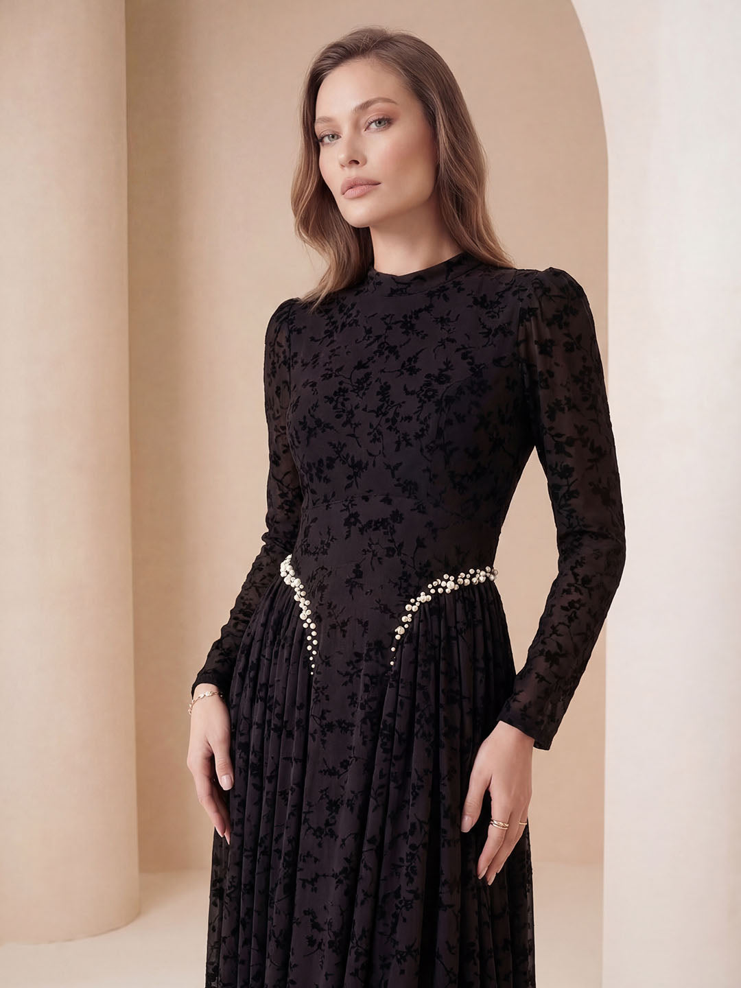 Black Lace Maxi Dress – Elegant Pearl Detail