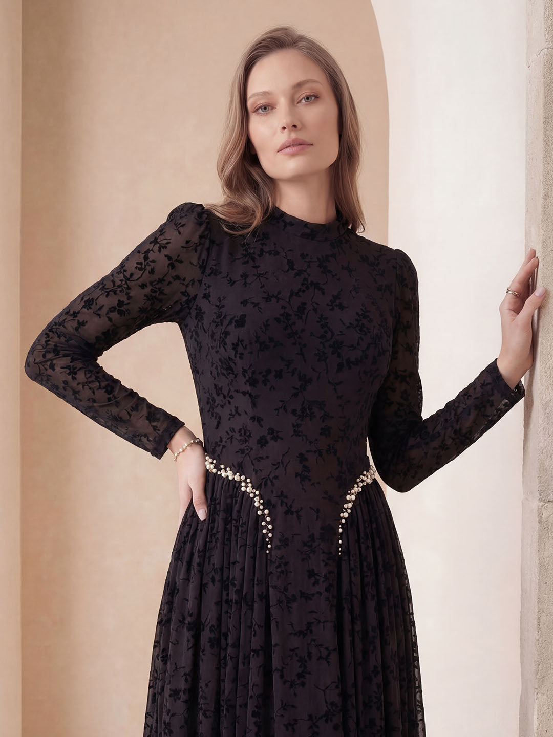 Black Lace Maxi Dress – Elegant Pearl Detail