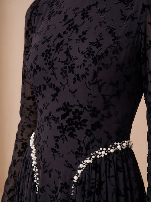 Black Lace Maxi Dress – Elegant Pearl Detail
