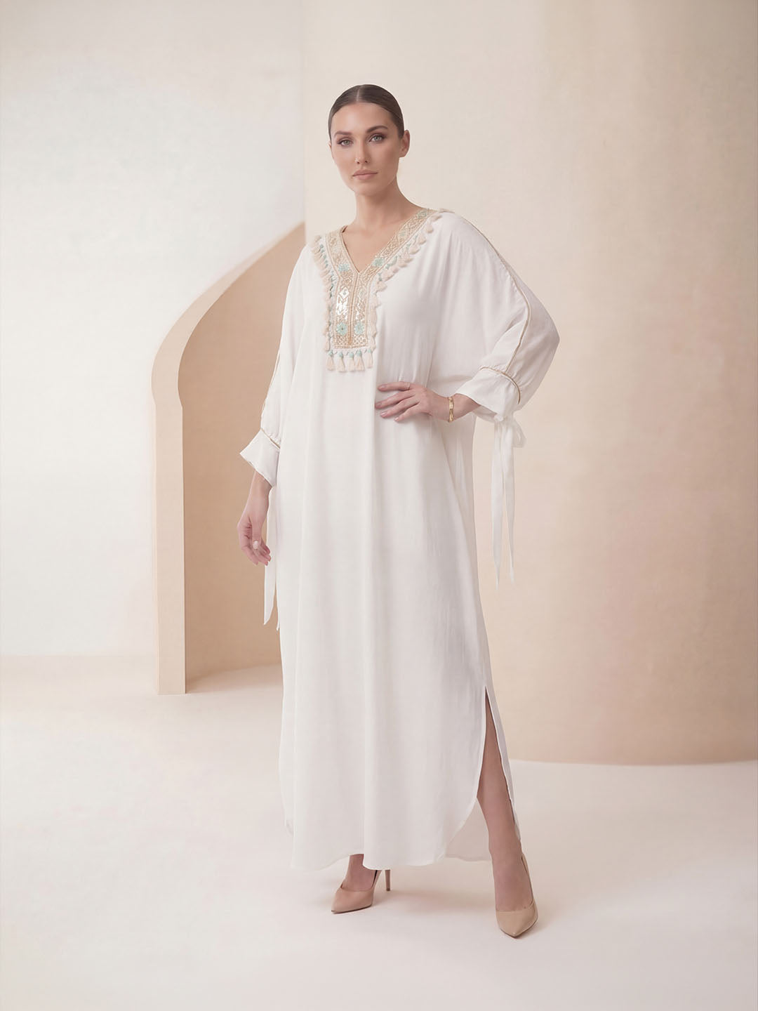 Boho Luxe Kaftan – Embroidered Tassel Detail