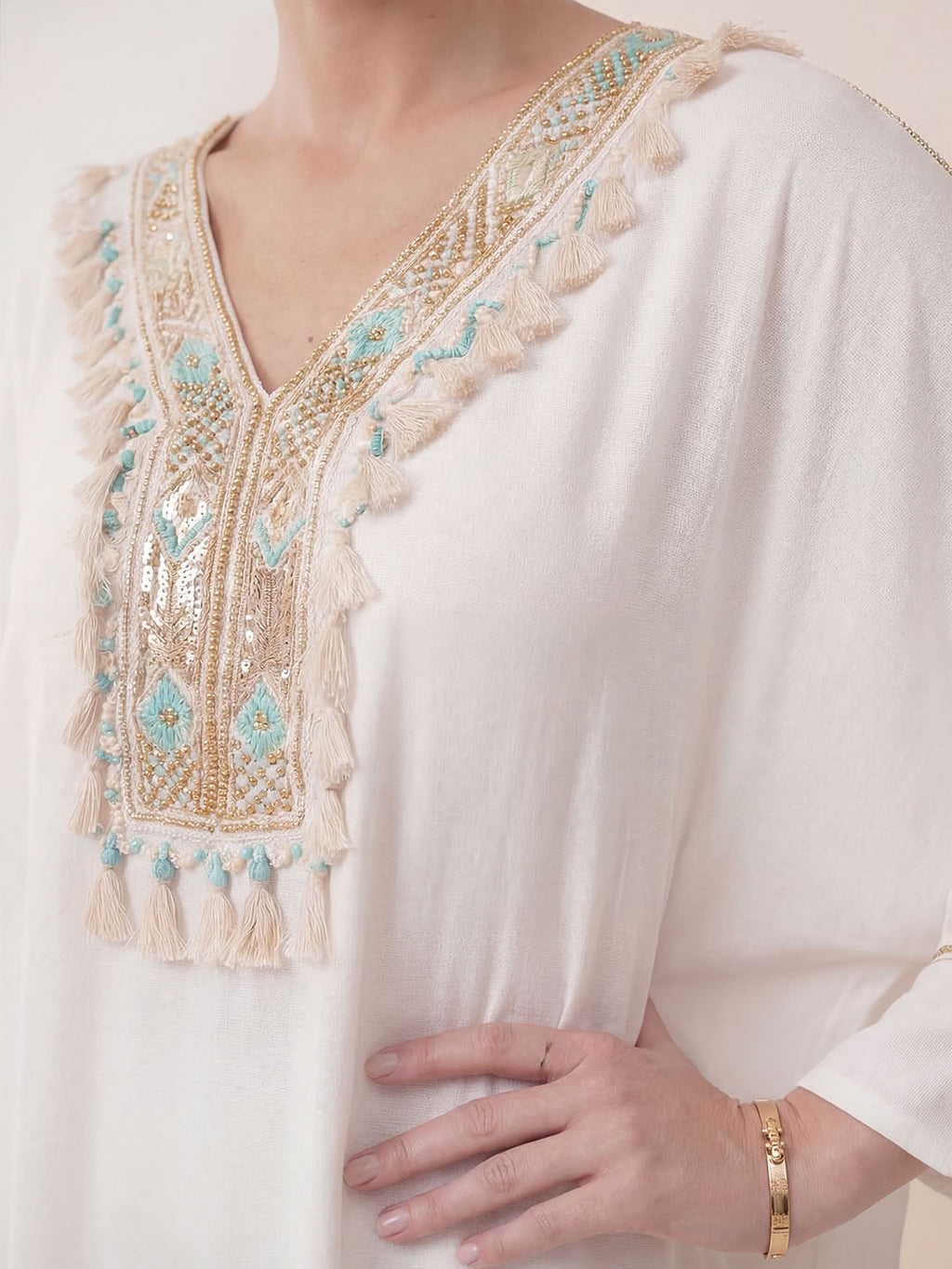 Boho Luxe Kaftan – Embroidered Tassel Detail