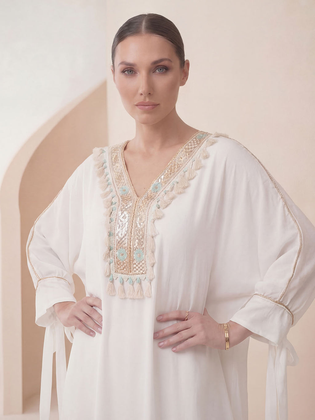 Boho Luxe Kaftan – Embroidered Tassel Detail