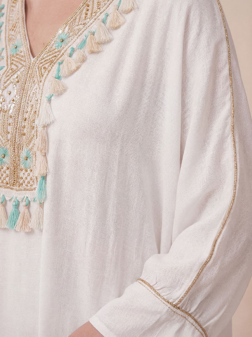 Boho Luxe Kaftan – Embroidered Tassel Detail