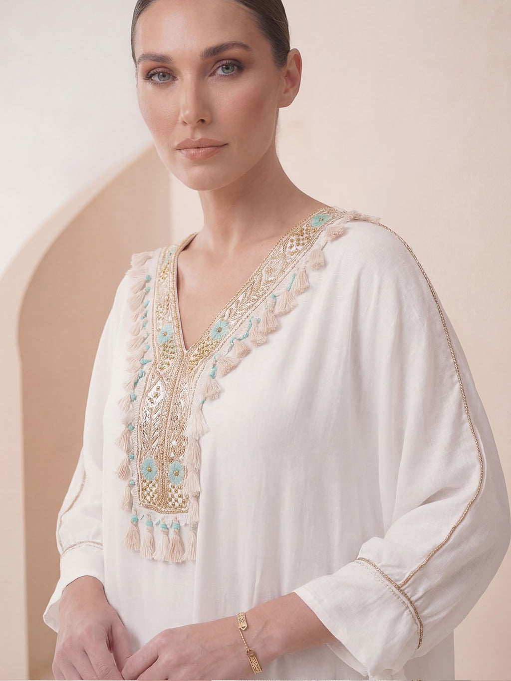 Boho Luxe Kaftan – Embroidered Tassel Detail
