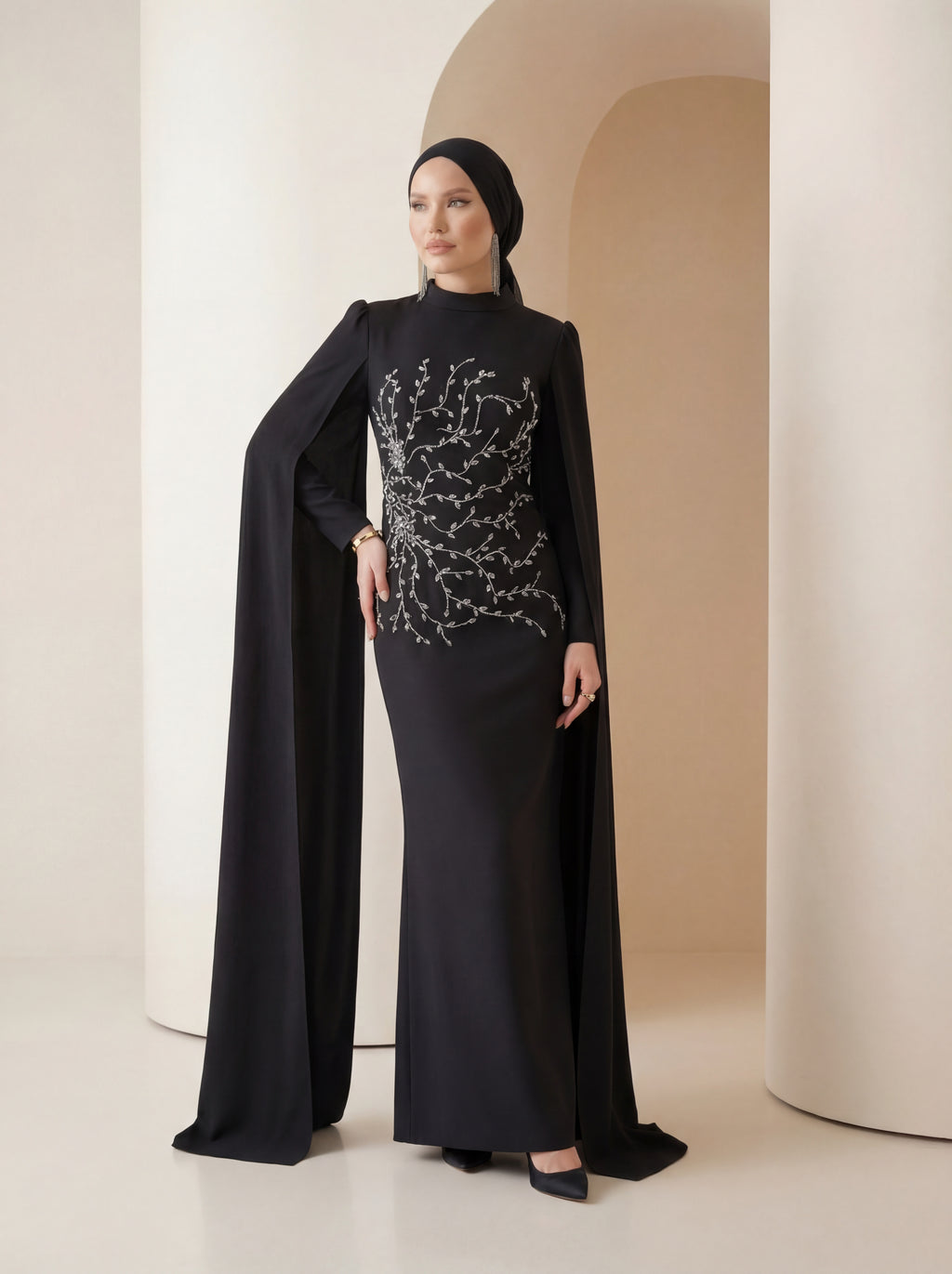 Midnight Embroidered Gown - Regal Cape Design