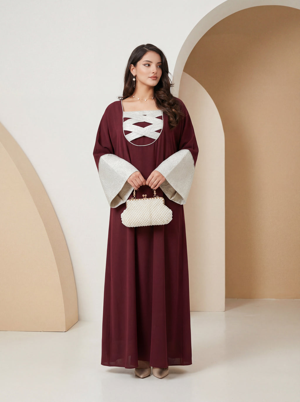 Burgundy Grace Abaya – Elegant Contrast Design