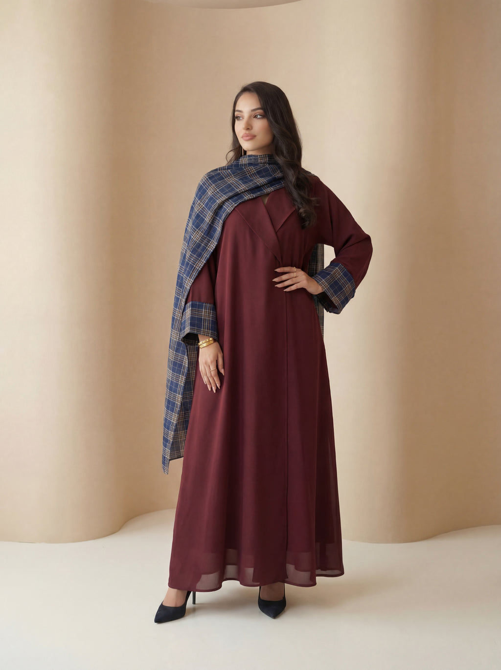 Burgundy Classic Abaya – Modern Check Detail