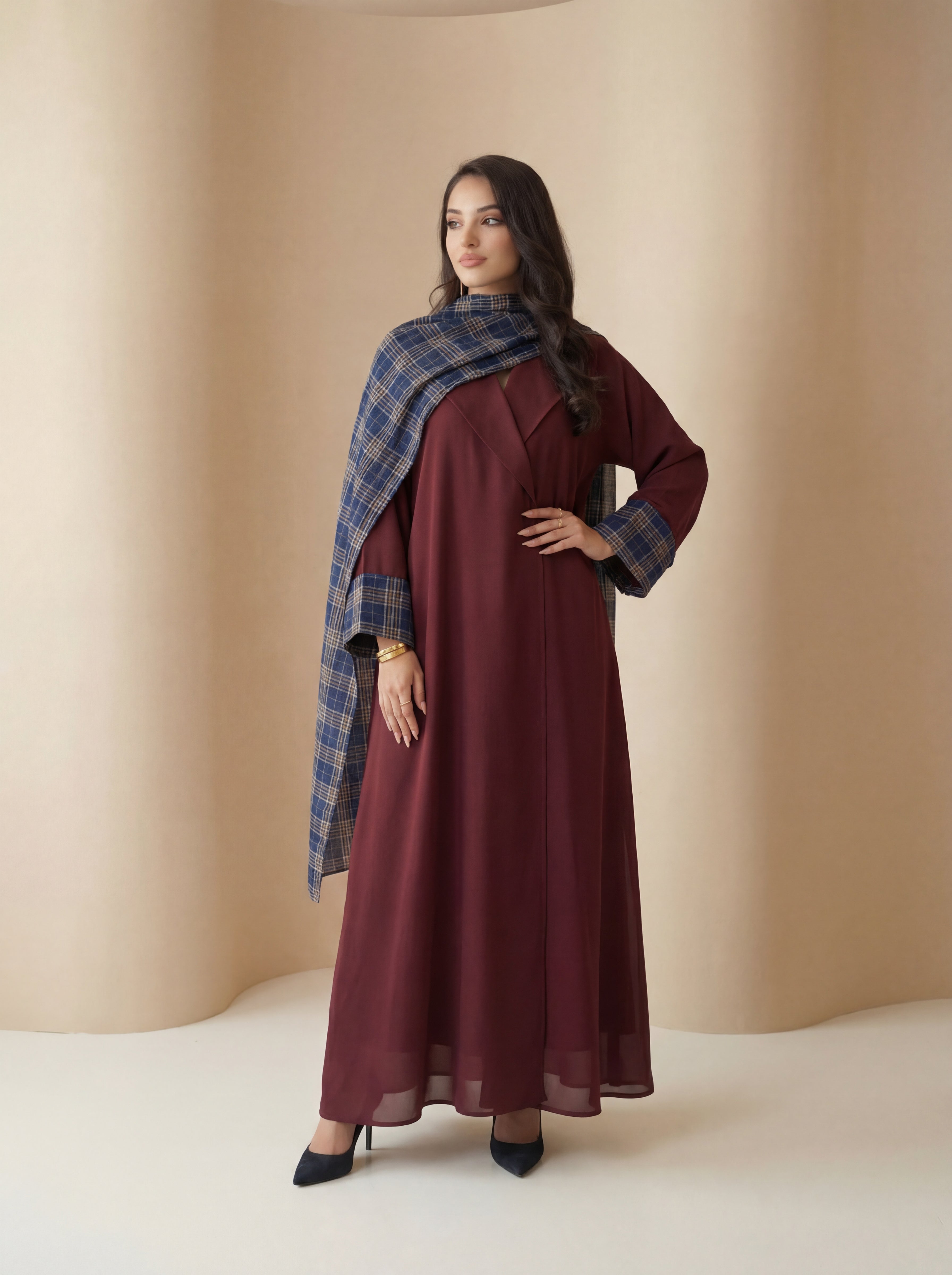 Burgundy Classic Abaya – Modern Check Detail