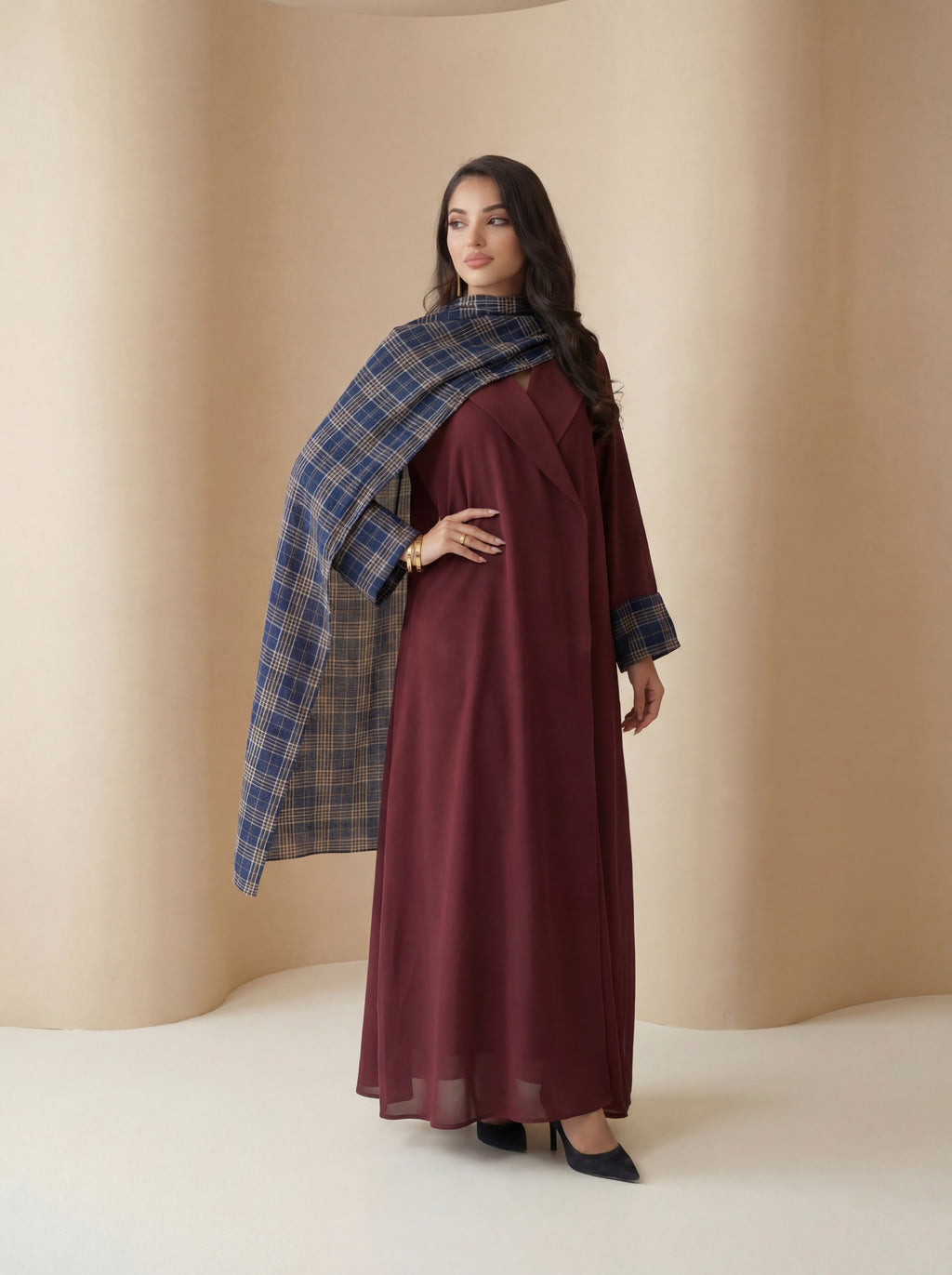 Burgundy Classic Abaya – Modern Check Detail