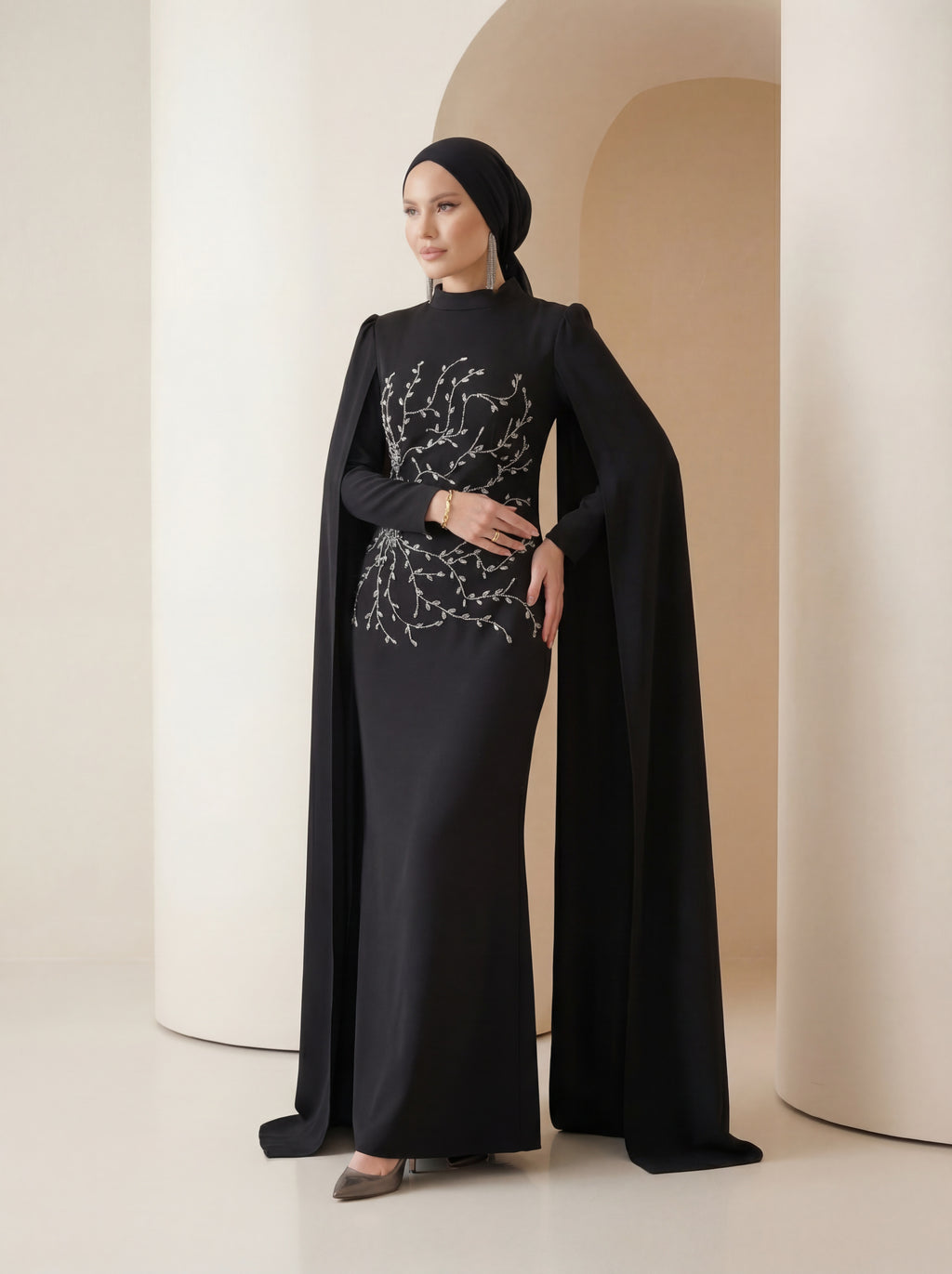 Midnight Embroidered Gown - Regal Cape Design
