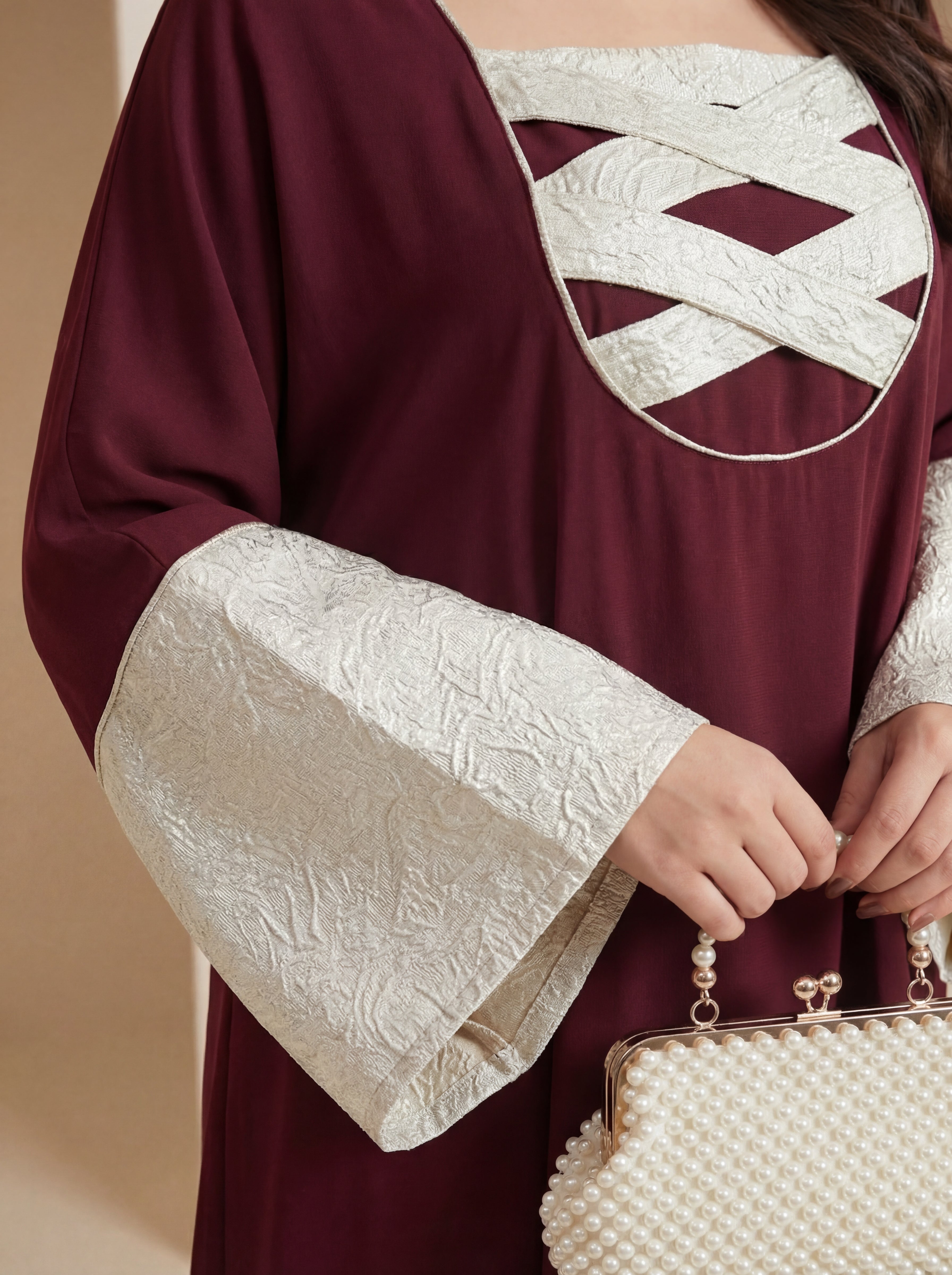 Burgundy Grace Abaya – Elegant Contrast Design