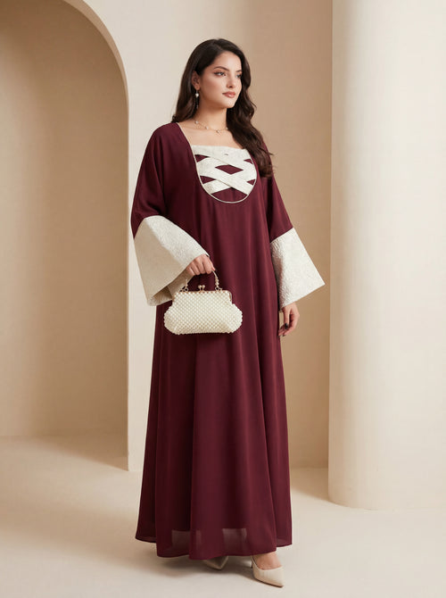 Burgundy Grace Abaya – Elegant Contrast Design