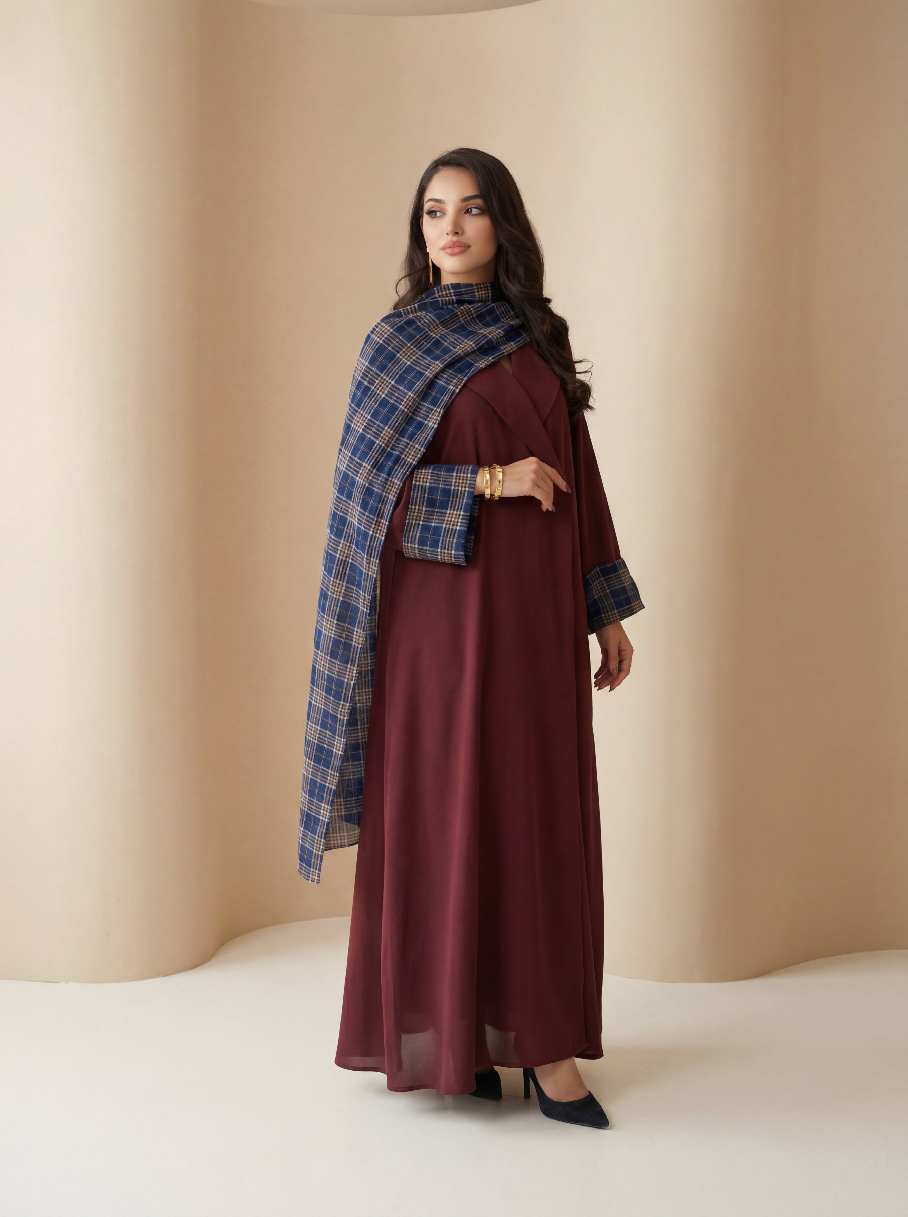 Burgundy Classic Abaya – Modern Check Detail
